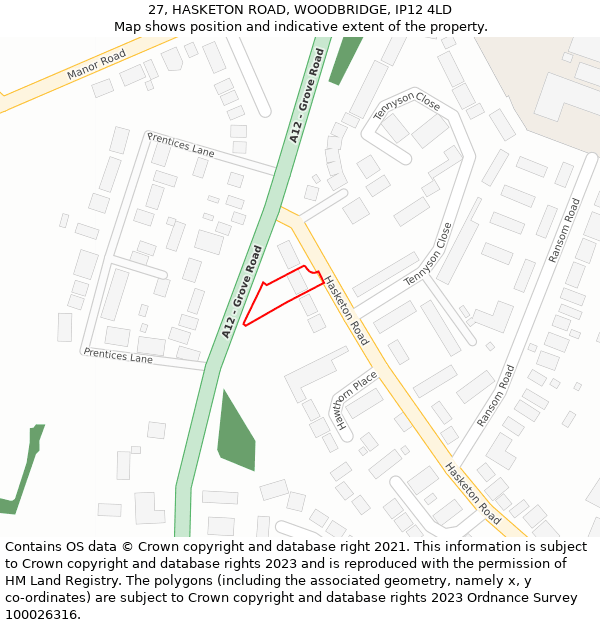 27, HASKETON ROAD, WOODBRIDGE, IP12 4LD: Location map and indicative extent of plot
