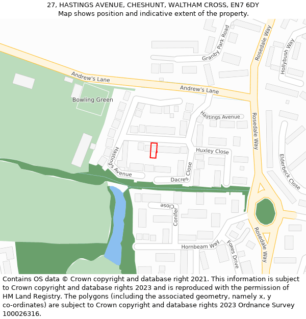 27, HASTINGS AVENUE, CHESHUNT, WALTHAM CROSS, EN7 6DY: Location map and indicative extent of plot
