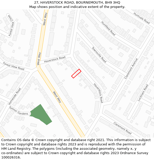 27, HAVERSTOCK ROAD, BOURNEMOUTH, BH9 3HQ: Location map and indicative extent of plot