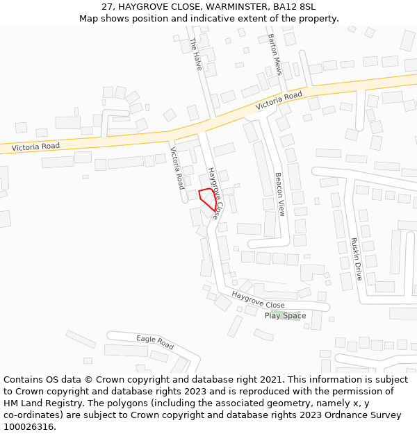 27, HAYGROVE CLOSE, WARMINSTER, BA12 8SL: Location map and indicative extent of plot