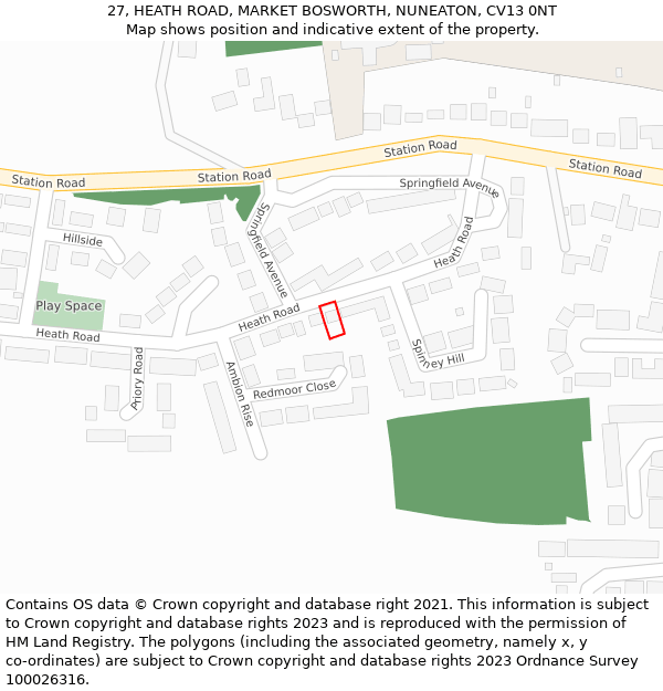 27, HEATH ROAD, MARKET BOSWORTH, NUNEATON, CV13 0NT: Location map and indicative extent of plot