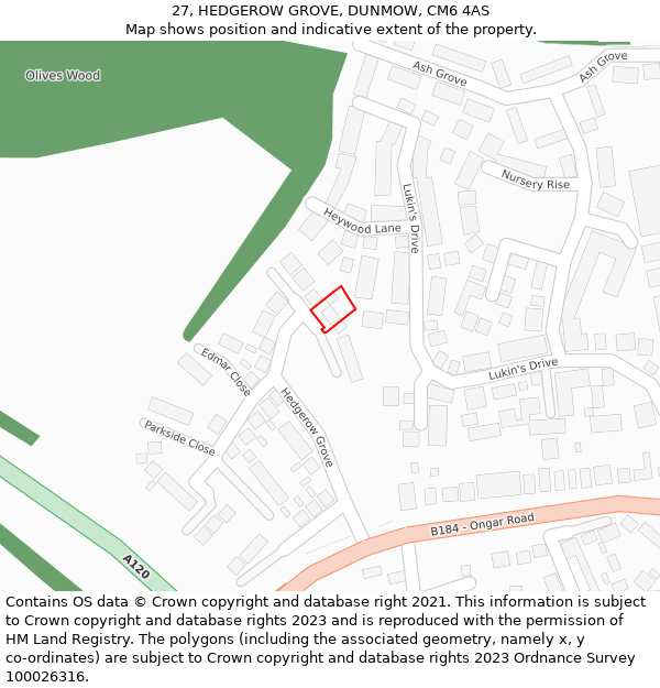 27, HEDGEROW GROVE, DUNMOW, CM6 4AS: Location map and indicative extent of plot