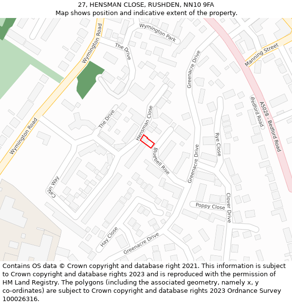 27, HENSMAN CLOSE, RUSHDEN, NN10 9FA: Location map and indicative extent of plot