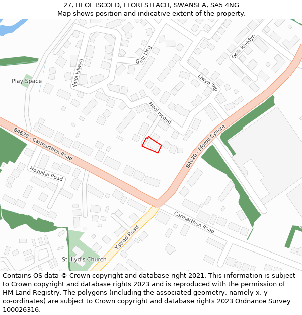 27, HEOL ISCOED, FFORESTFACH, SWANSEA, SA5 4NG: Location map and indicative extent of plot