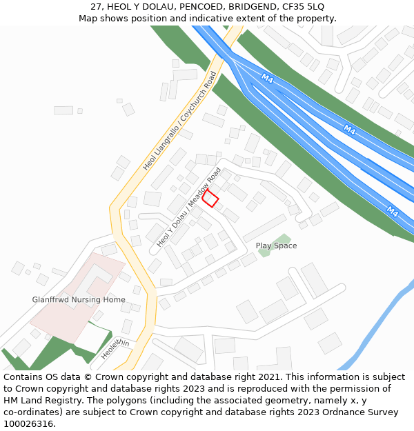 27, HEOL Y DOLAU, PENCOED, BRIDGEND, CF35 5LQ: Location map and indicative extent of plot