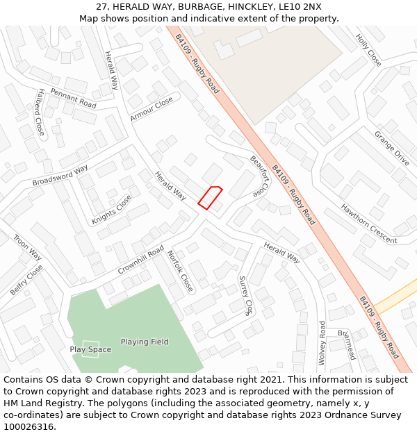 27, HERALD WAY, BURBAGE, HINCKLEY, LE10 2NX: Location map and indicative extent of plot