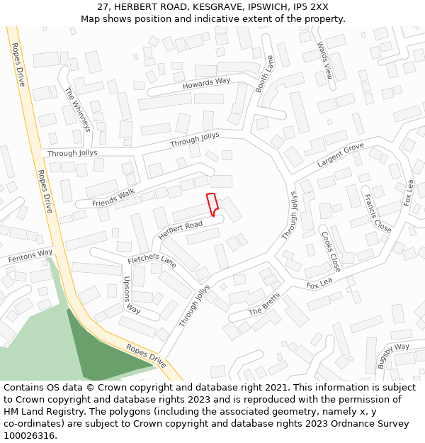 27, HERBERT ROAD, KESGRAVE, IPSWICH, IP5 2XX: Location map and indicative extent of plot