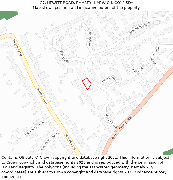27, HEWITT ROAD, RAMSEY, HARWICH, CO12 5DY: Location map and indicative extent of plot