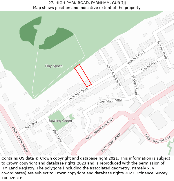 27, HIGH PARK ROAD, FARNHAM, GU9 7JJ: Location map and indicative extent of plot
