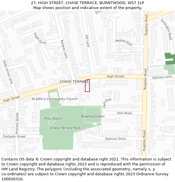 27, HIGH STREET, CHASE TERRACE, BURNTWOOD, WS7 1LP: Location map and indicative extent of plot