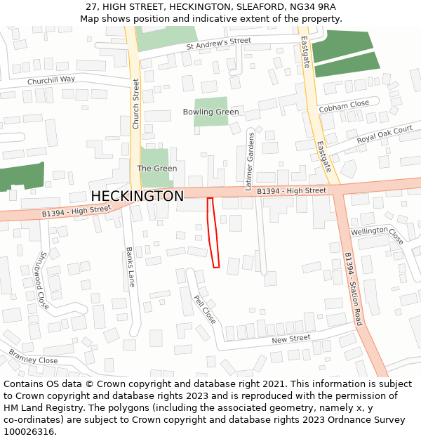27, HIGH STREET, HECKINGTON, SLEAFORD, NG34 9RA: Location map and indicative extent of plot