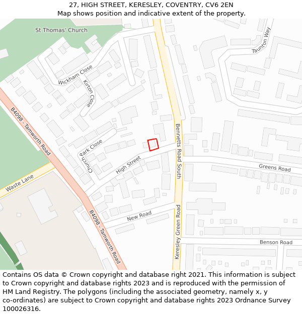 27, HIGH STREET, KERESLEY, COVENTRY, CV6 2EN: Location map and indicative extent of plot