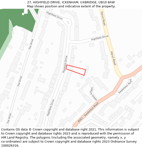 27, HIGHFIELD DRIVE, ICKENHAM, UXBRIDGE, UB10 8AW: Location map and indicative extent of plot