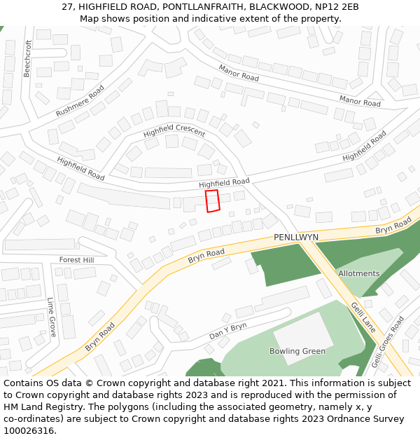 27, HIGHFIELD ROAD, PONTLLANFRAITH, BLACKWOOD, NP12 2EB: Location map and indicative extent of plot