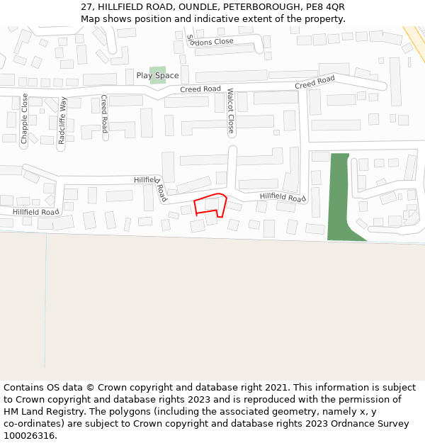 27, HILLFIELD ROAD, OUNDLE, PETERBOROUGH, PE8 4QR: Location map and indicative extent of plot