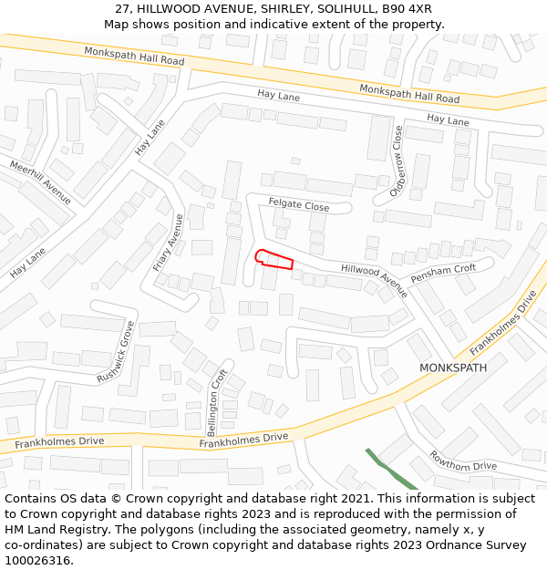 27, HILLWOOD AVENUE, SHIRLEY, SOLIHULL, B90 4XR: Location map and indicative extent of plot