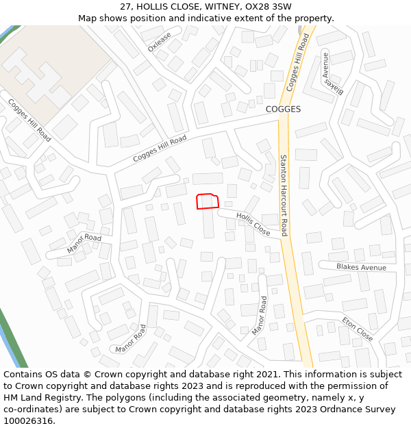 27, HOLLIS CLOSE, WITNEY, OX28 3SW: Location map and indicative extent of plot