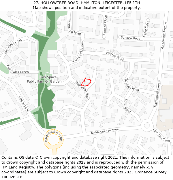 27, HOLLOWTREE ROAD, HAMILTON, LEICESTER, LE5 1TH: Location map and indicative extent of plot