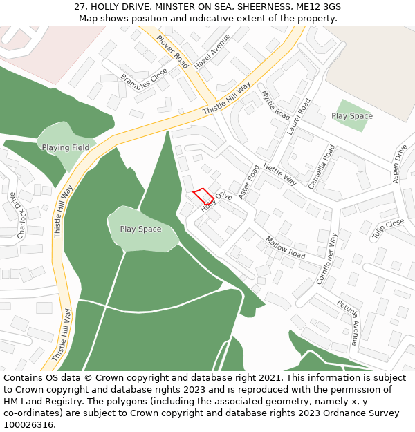 27, HOLLY DRIVE, MINSTER ON SEA, SHEERNESS, ME12 3GS: Location map and indicative extent of plot