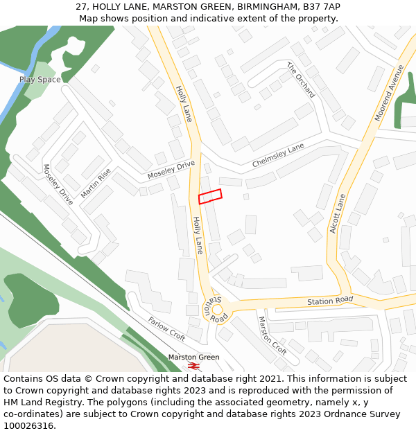 27, HOLLY LANE, MARSTON GREEN, BIRMINGHAM, B37 7AP: Location map and indicative extent of plot