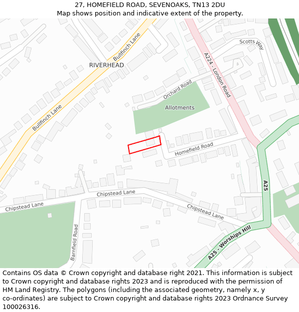 27, HOMEFIELD ROAD, SEVENOAKS, TN13 2DU: Location map and indicative extent of plot