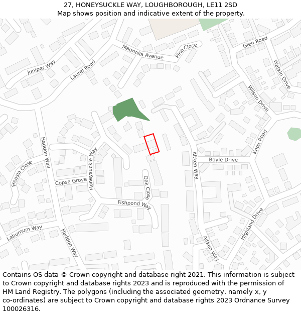 27, HONEYSUCKLE WAY, LOUGHBOROUGH, LE11 2SD: Location map and indicative extent of plot