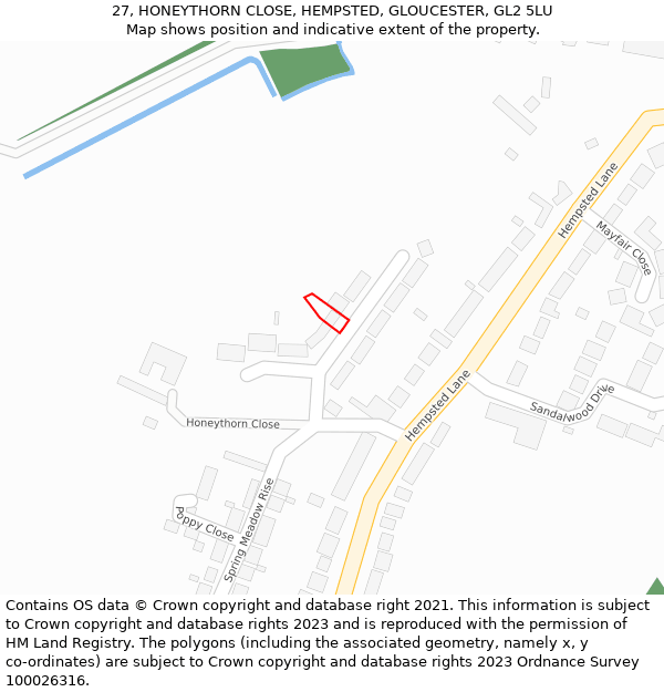 27, HONEYTHORN CLOSE, HEMPSTED, GLOUCESTER, GL2 5LU: Location map and indicative extent of plot