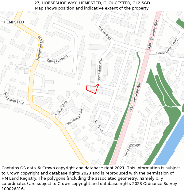 27, HORSESHOE WAY, HEMPSTED, GLOUCESTER, GL2 5GD: Location map and indicative extent of plot