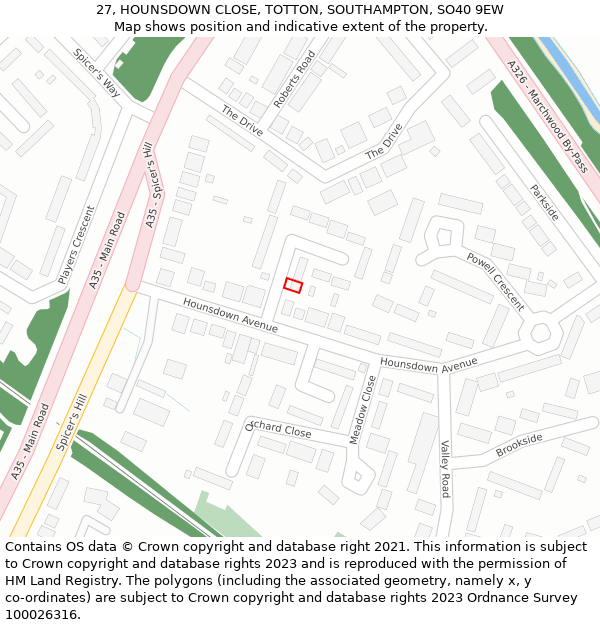 27, HOUNSDOWN CLOSE, TOTTON, SOUTHAMPTON, SO40 9EW: Location map and indicative extent of plot