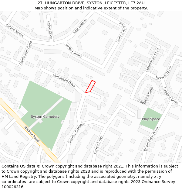 27, HUNGARTON DRIVE, SYSTON, LEICESTER, LE7 2AU: Location map and indicative extent of plot