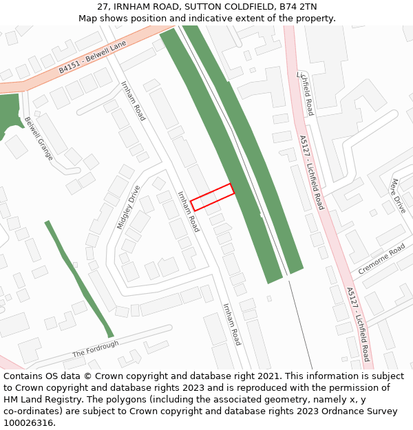 27, IRNHAM ROAD, SUTTON COLDFIELD, B74 2TN: Location map and indicative extent of plot