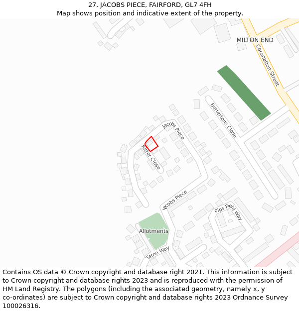 27, JACOBS PIECE, FAIRFORD, GL7 4FH: Location map and indicative extent of plot