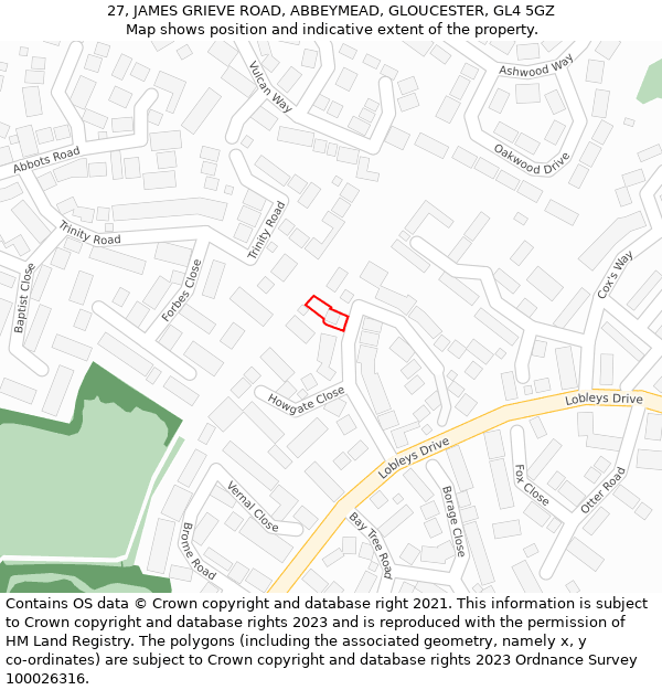 27, JAMES GRIEVE ROAD, ABBEYMEAD, GLOUCESTER, GL4 5GZ: Location map and indicative extent of plot