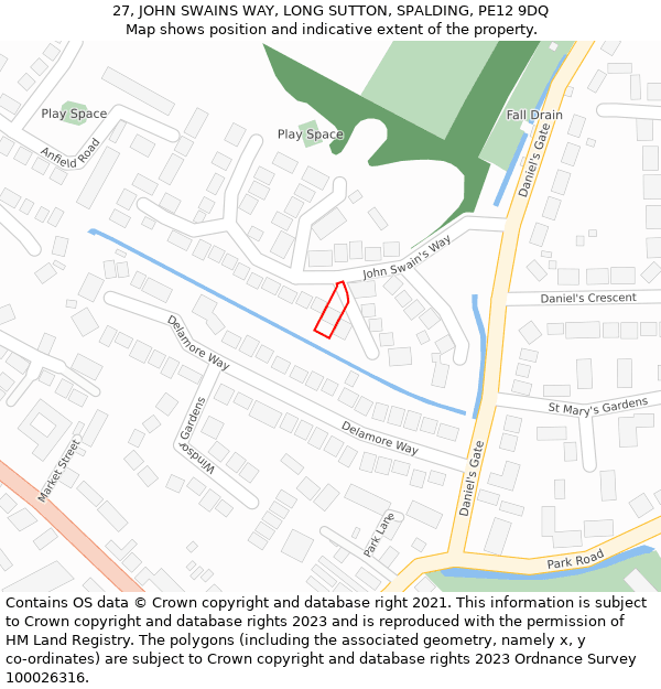 27, JOHN SWAINS WAY, LONG SUTTON, SPALDING, PE12 9DQ: Location map and indicative extent of plot