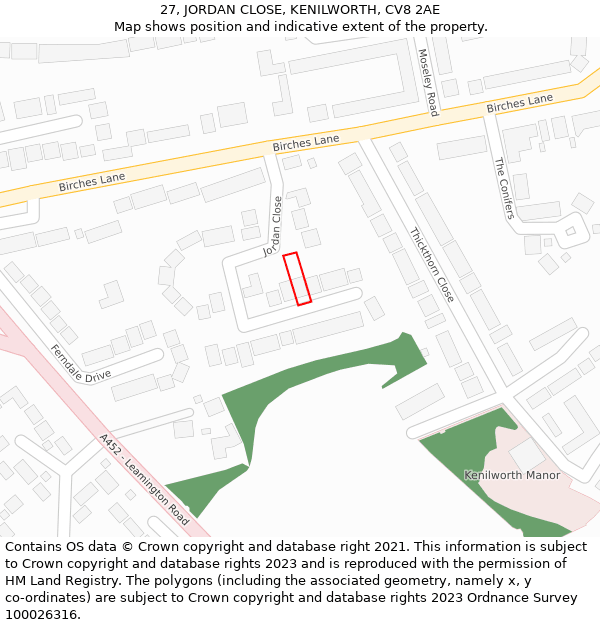 27, JORDAN CLOSE, KENILWORTH, CV8 2AE: Location map and indicative extent of plot