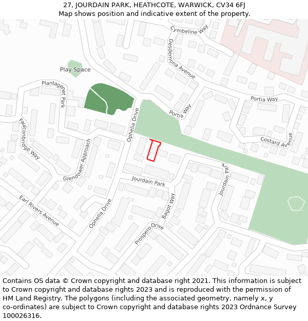 27, JOURDAIN PARK, HEATHCOTE, WARWICK, CV34 6FJ: Location map and indicative extent of plot