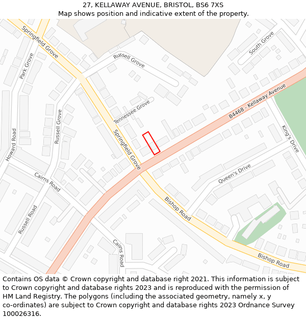 27, KELLAWAY AVENUE, BRISTOL, BS6 7XS: Location map and indicative extent of plot