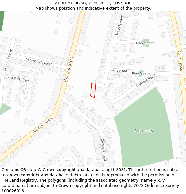 27, KEMP ROAD, COALVILLE, LE67 3QL: Location map and indicative extent of plot