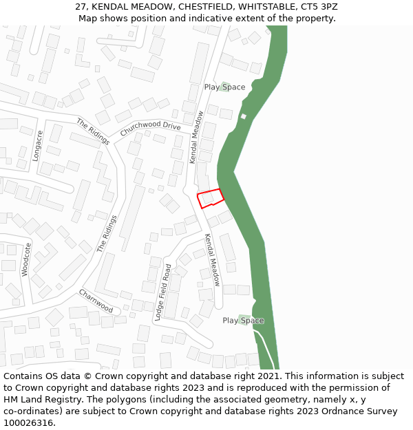 27, KENDAL MEADOW, CHESTFIELD, WHITSTABLE, CT5 3PZ: Location map and indicative extent of plot