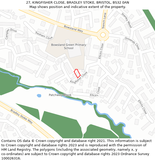 27, KINGFISHER CLOSE, BRADLEY STOKE, BRISTOL, BS32 0AN: Location map and indicative extent of plot