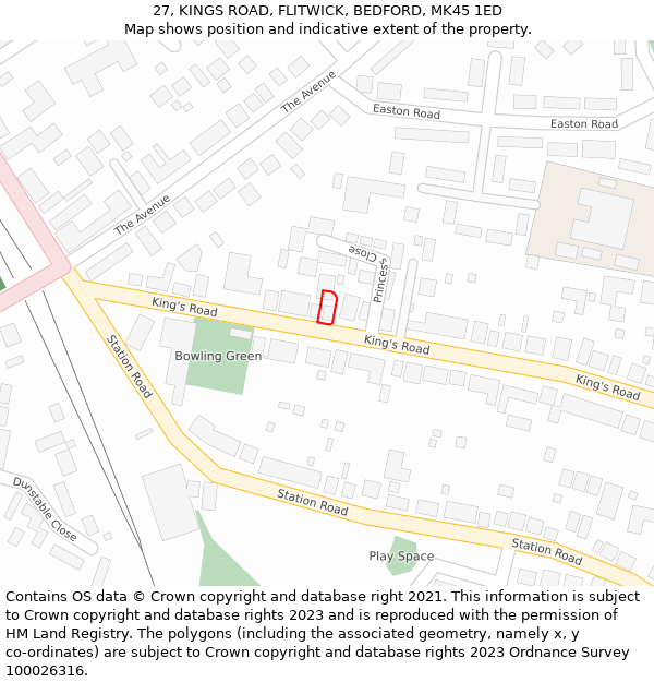 27, KINGS ROAD, FLITWICK, BEDFORD, MK45 1ED: Location map and indicative extent of plot
