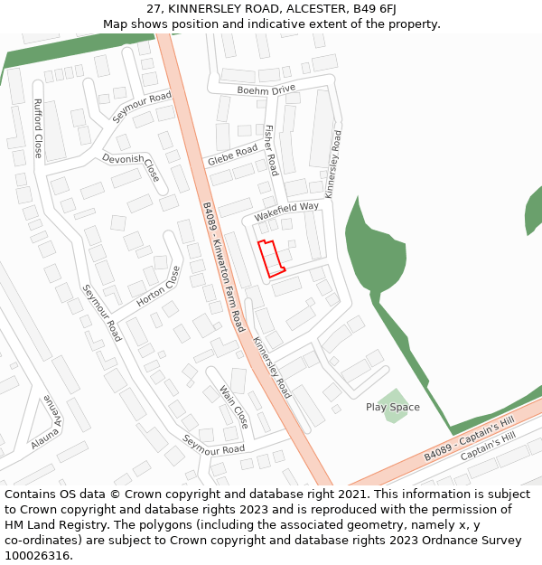 27, KINNERSLEY ROAD, ALCESTER, B49 6FJ: Location map and indicative extent of plot