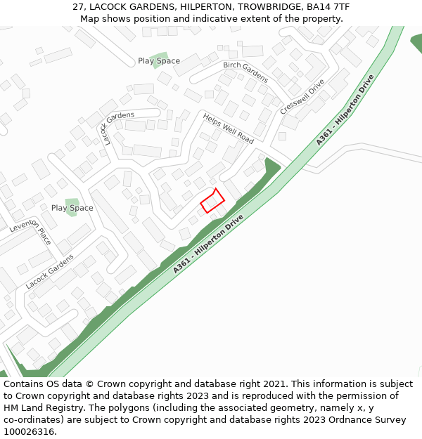 27, LACOCK GARDENS, HILPERTON, TROWBRIDGE, BA14 7TF: Location map and indicative extent of plot