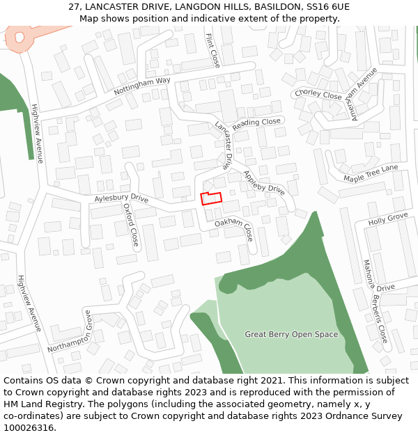 27, LANCASTER DRIVE, LANGDON HILLS, BASILDON, SS16 6UE: Location map and indicative extent of plot
