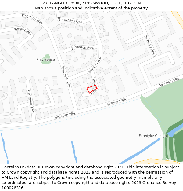 27, LANGLEY PARK, KINGSWOOD, HULL, HU7 3EN: Location map and indicative extent of plot