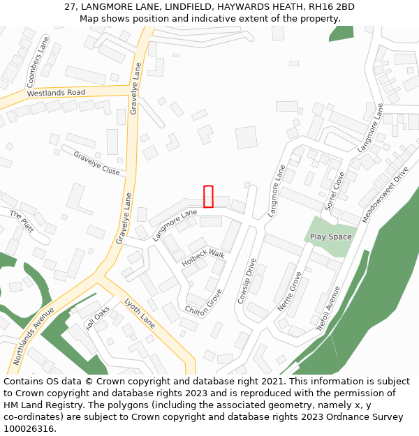 27, LANGMORE LANE, LINDFIELD, HAYWARDS HEATH, RH16 2BD: Location map and indicative extent of plot