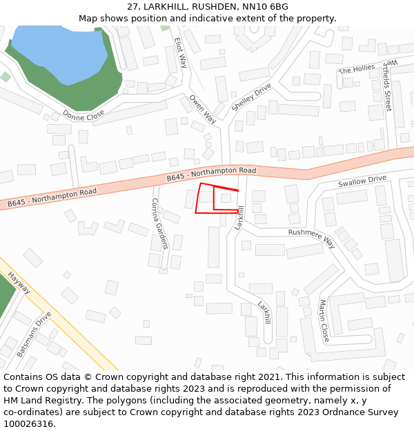 27, LARKHILL, RUSHDEN, NN10 6BG: Location map and indicative extent of plot