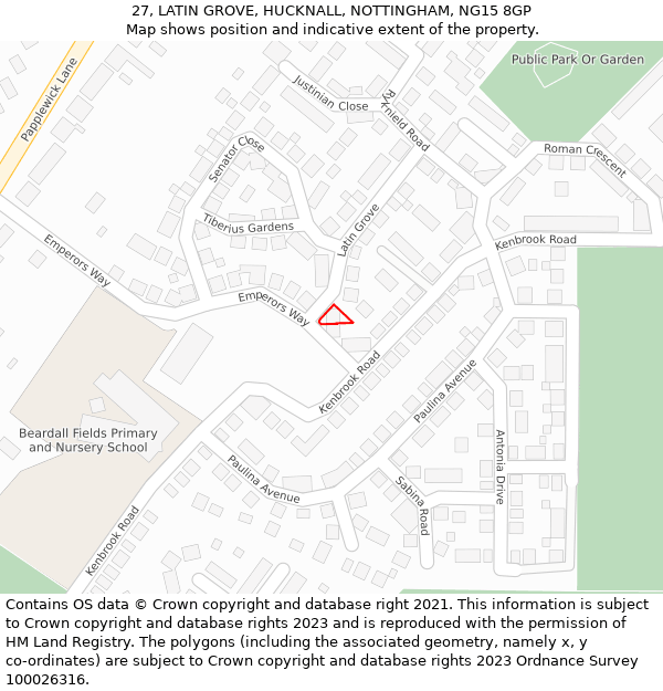 27, LATIN GROVE, HUCKNALL, NOTTINGHAM, NG15 8GP: Location map and indicative extent of plot