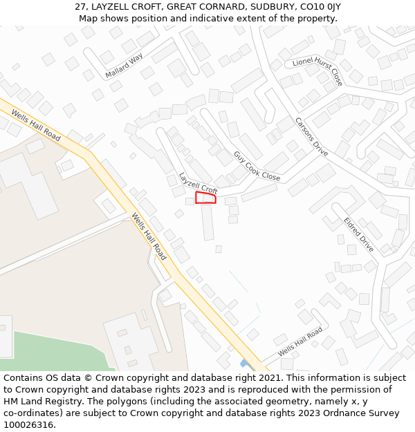 27, LAYZELL CROFT, GREAT CORNARD, SUDBURY, CO10 0JY: Location map and indicative extent of plot