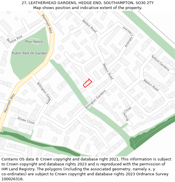 27, LEATHERHEAD GARDENS, HEDGE END, SOUTHAMPTON, SO30 2TY: Location map and indicative extent of plot